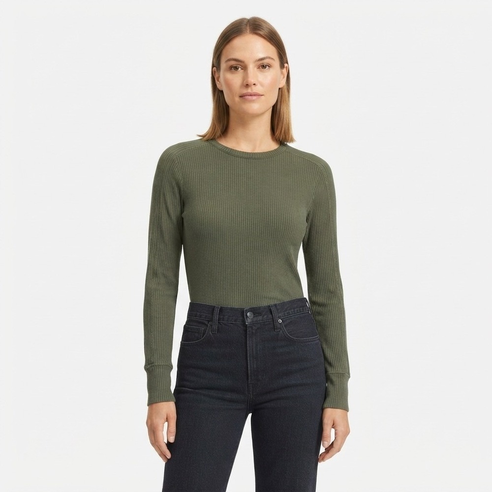 Madewell Olive Green Ribbed Long Sleeve Crew Neck Top Size S